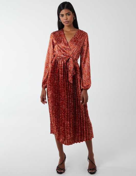 Wrap Front Belted Pleated Midi Dress