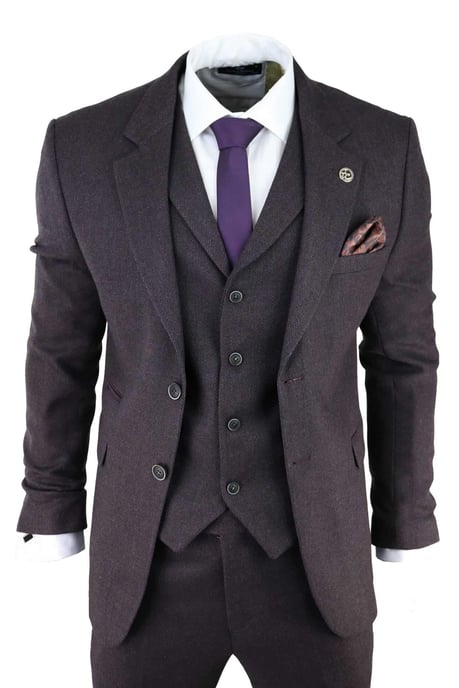 Herren Lila Pflaume 3-teiliger Tweed Fischgrätanzug Peaky Blinders Klassisch Maßgeschneidert - Image 1