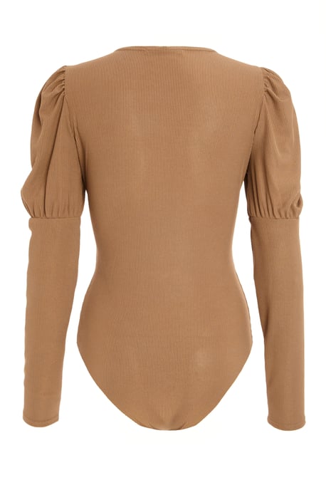 Mocha Ribbed Puff Sleeve Chain Bodysuit