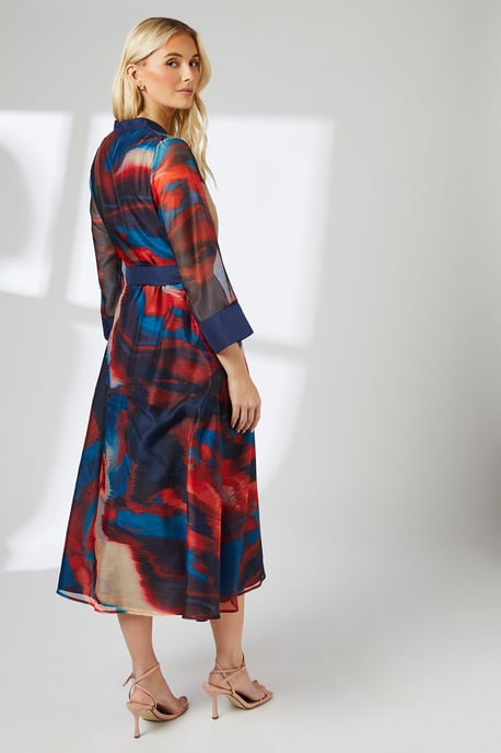 Multi Blur Print Belted Contrast Detail Collarless Shirt Dress