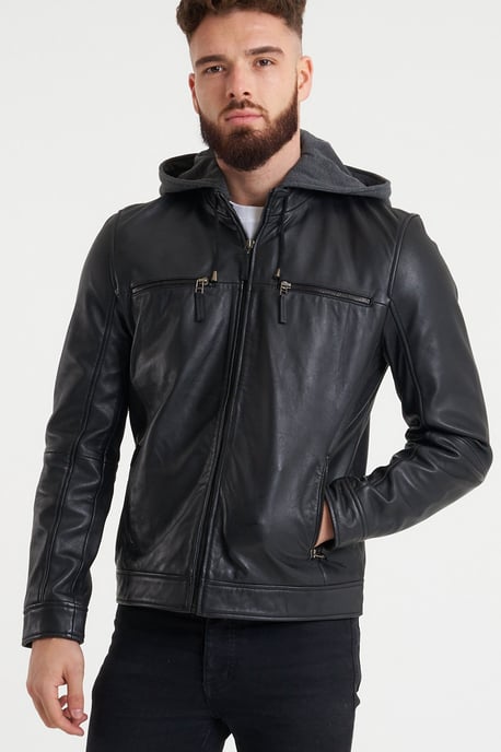BARNEYS ORIGINALS Hooded leather biker in Black