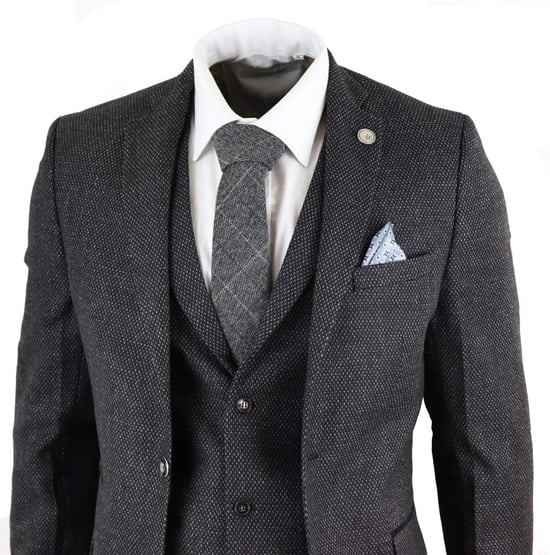 Herren 3-teiliges schwarzes Fischgrät-Tweed-Anzug - Image 3