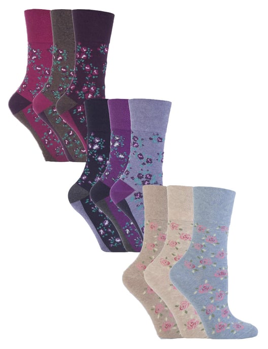 9 Paar Multipack Ladies Cotton Crew Non Elastic Socks | Gentle Grip | Womens Soft Top Striped Patterned Non Binding Socks - Floral 2 - Image 1