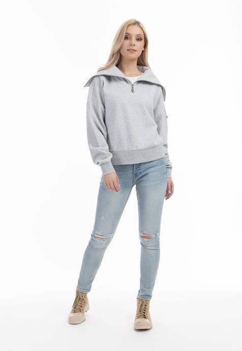 Dreimaster Oversize Troyer-Sweater Damen Hellgrau Melange - Image 2