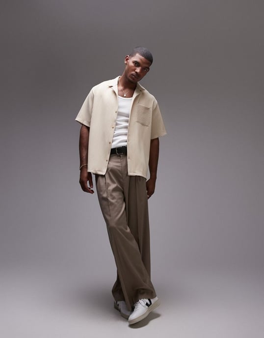 Topman short sleeve regular fit revere plisse shirt in stone-Neutral - Image 3