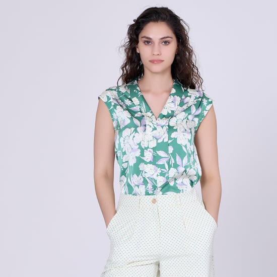 Ärmellose Bluse mit breitem, flachem Kragen und Makroblumendruck - Image 1