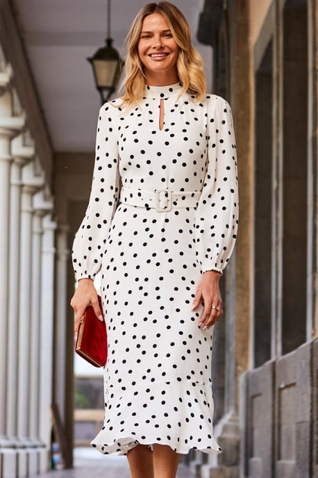 Ivory & Black Spot Print Keyhole Detail Belted Fit & Flare Dress