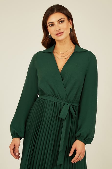 Green Long Sleeve Pleated Dress