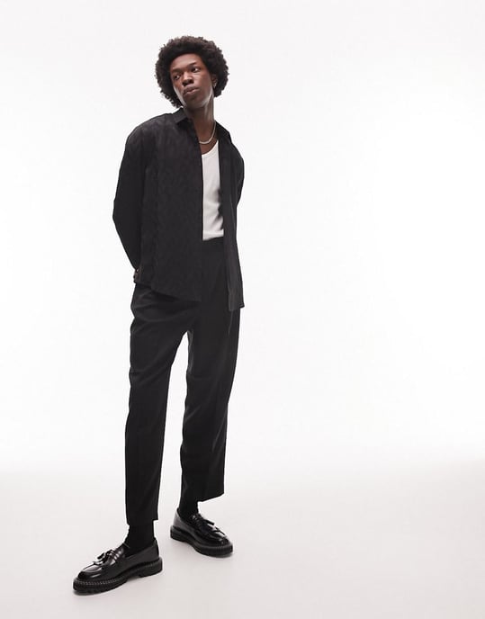 Topman short sleeve regular jacquard satin shirt in black