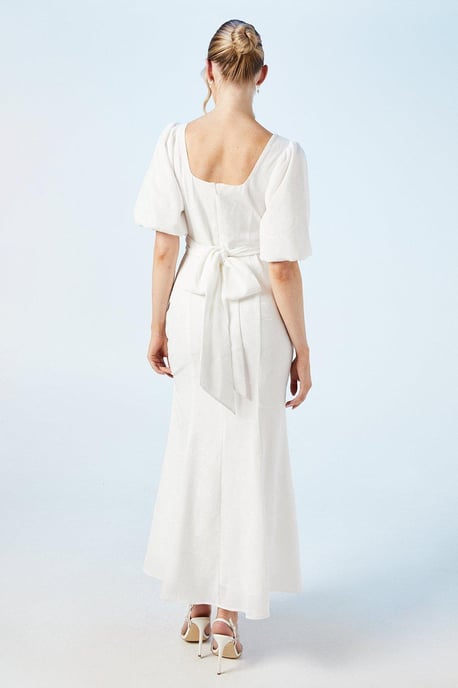 Puff Sleeve Satin Jacquard Wrap Waist Wedding Dress - Image 3