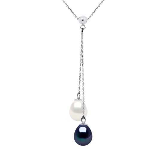 DIADEMA - Necklace You & Me - 2 Real Freshwater Pearls - Black and White - White Gold