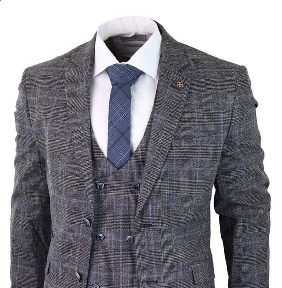 3-teiliger klassischer Tweed-Anzug für Herren im Vintage-Stil, Grau mit blauem Karomuster - Image 5