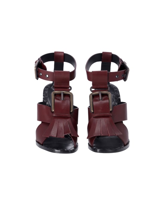 Bottega Veneta Fransen-Schnallen T-Riemen Blockabsatz-Sandalen aus bordeauxrotem Leder - Image 2