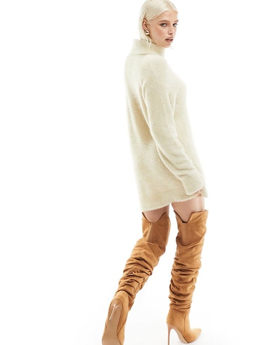 ASOS DESIGN knitted mini dress in cosy yarn with high neck in stone-Neutral