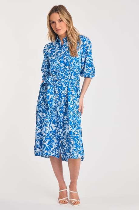 Blue Floral Print Short Sleeve Midi Shirt Dress - Image 3