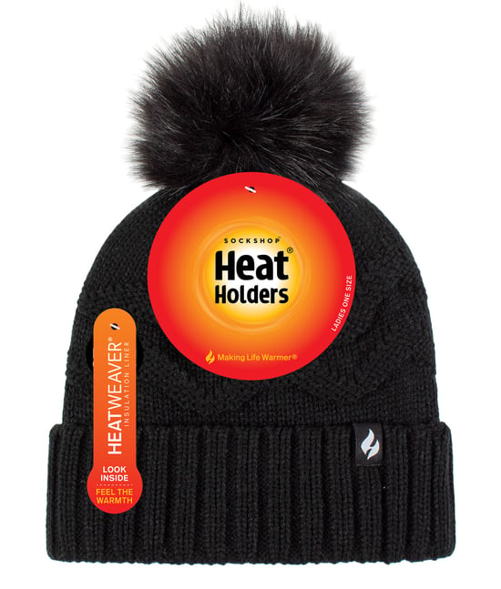 Damen Winter Pelz Beanie Mütze | Wärmehalter | Zickzack gemusterte Pom Pom Hut | Womens Thermal Cuff Bobble Hat - Schwarz - Image 2