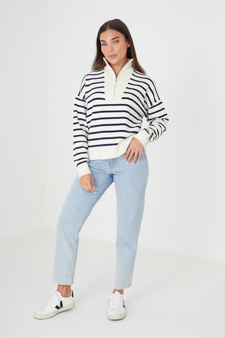 Ivory 'Jottie' Striped 1/2 Zip Knitted Jumper