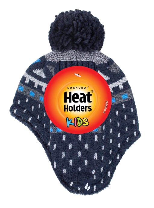 Wärmehalter - Jungen Outdoor Kunstfell Pom Pom Mütze mit Ohrenklappen & Fäustlinge Handschuhe - Navy - Image 2