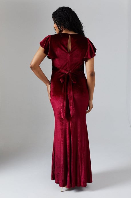 V Neck Ruffle Sleeve Velvet Bridesmaids Dress