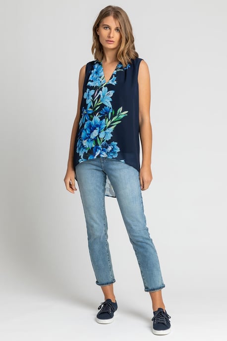 Floral Print Dipped Hem Chiffon Vest Top
