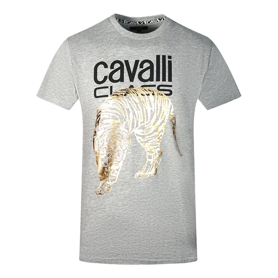 Cavalli Class großes graues T-Shirt mit goldenem Tiger-Schablonenlogo - Image 1