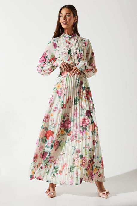 Pleated Lace Trim Midi Dress