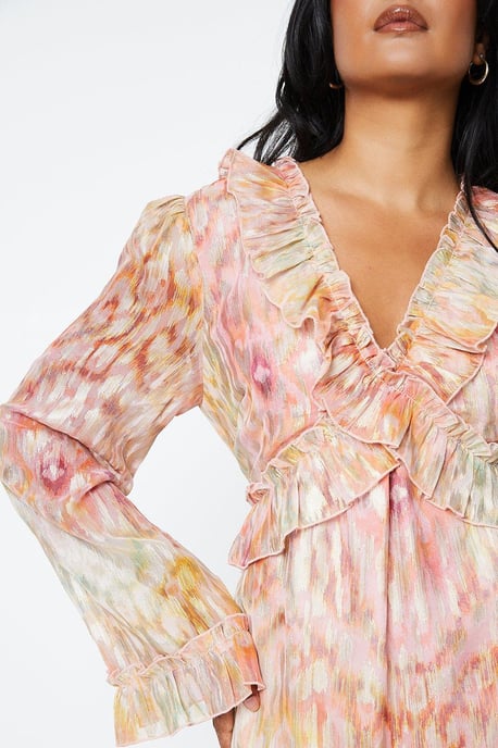 Ikat Print Ruffle Metallic Jacquard Midaxi Dress