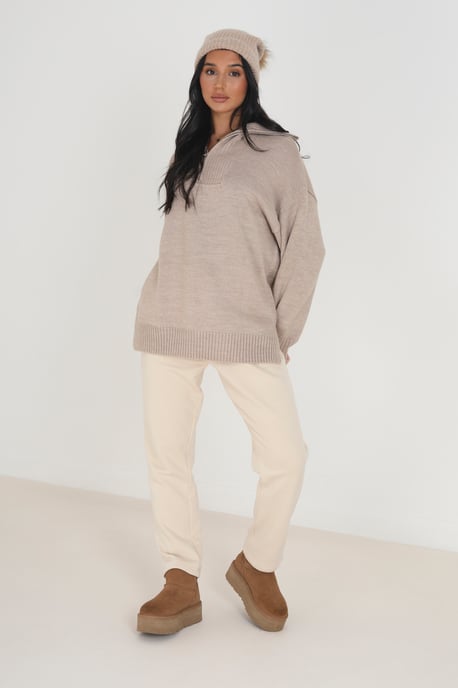 Stone Oversized Zip Collar Knitted Jumper