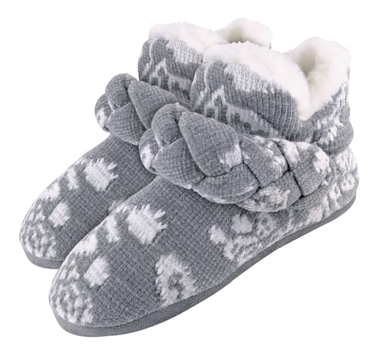 Dunlop - Damen gestrickt warmen Fleece Plüsch Hausschuhe Stiefel / Stiefeletten in Grau Fairisle und Rosa Cord Styles - Image 2