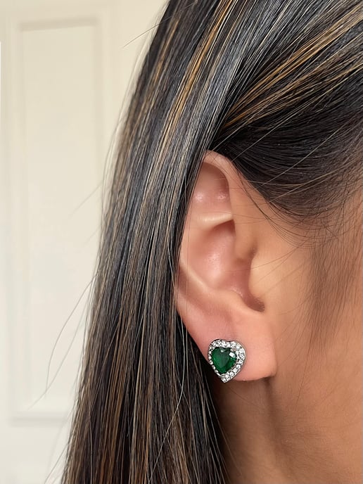 Green Diamante Heart Necklace and Earrings Set in Silver