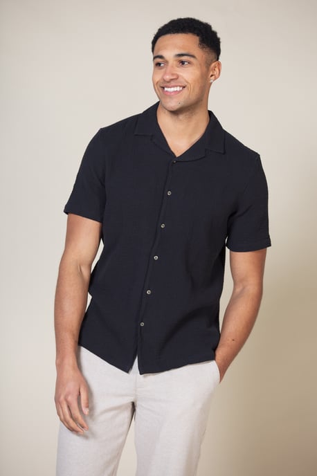 Black 'Adio' Cotton Short Sleeve Button-Up Printed Shirt