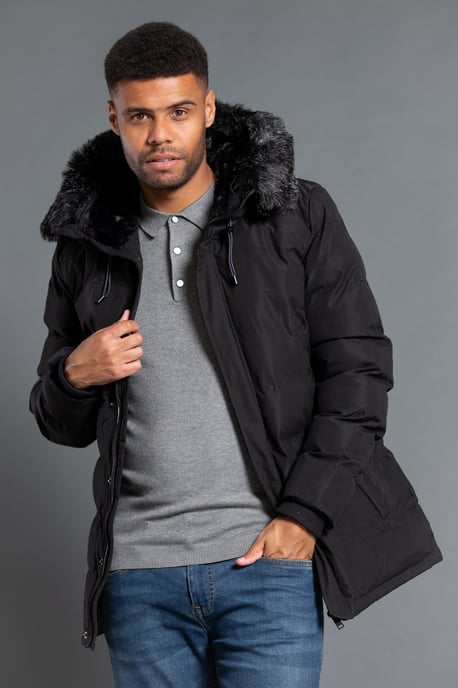 Black Longline Hooded Padded Jacket With Faux Fur Hood