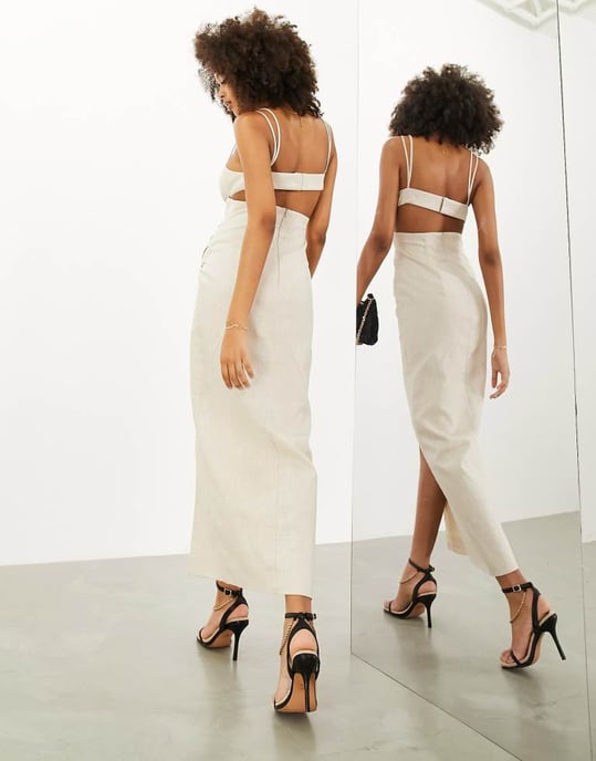 ASOS EDITION strappy pleat detail plunge maxi dress in stone-Neutral