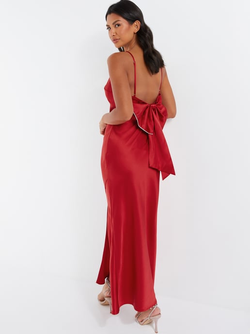 Red Satin Bow Midaxi Dress