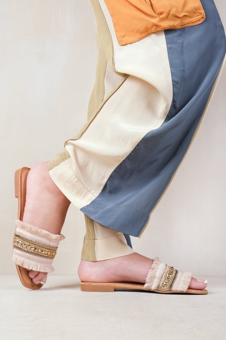 Where's That From Womens 'Astroid' Flat Sandals With Fringe Trim And Stud Details