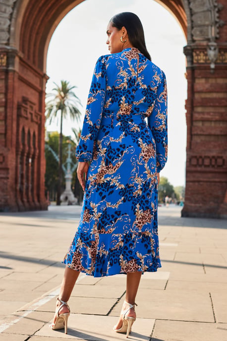 Blue Baroque Print Keyhole Detail Belted Fit & Flare Dress