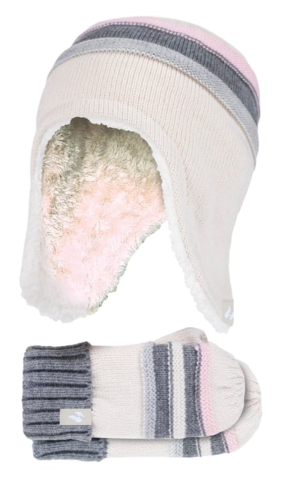 Wärmehalter - Mädchen Winter Warm Pom Pom Bobble Beanie Mütze und Handschuhe Set - Buttercream - Image 1
