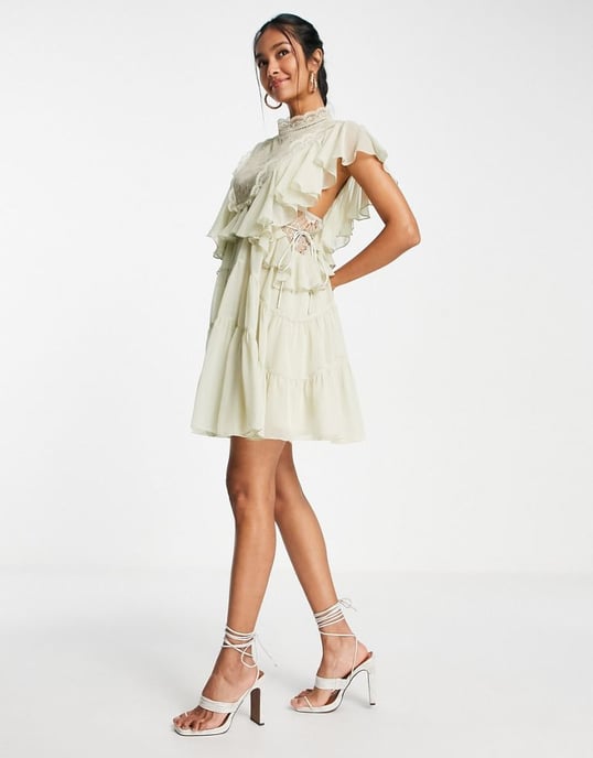 ASOS DESIGN tiered soft mini dress with lace applique bodice and ruffle detail in stone-Neutral