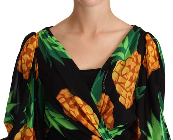 Dolce & Gabbana Damen Schwarzes Ananas-Print Wickelkleid aus Stretch-Seide - Image 4
