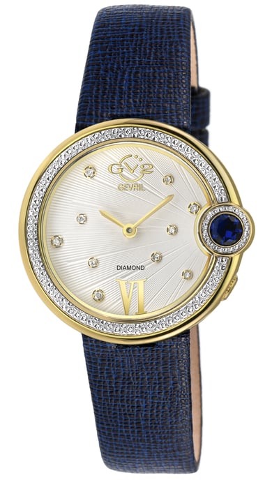 GV2 Women's Perugia Diamond Watch, IPYG Case, Silver/White Dial, Genuine Saffiano Blue Handmade Leather Strap