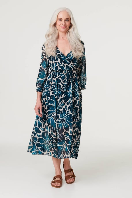 Green Floral Semi Sheer V-Neck Midi Dress