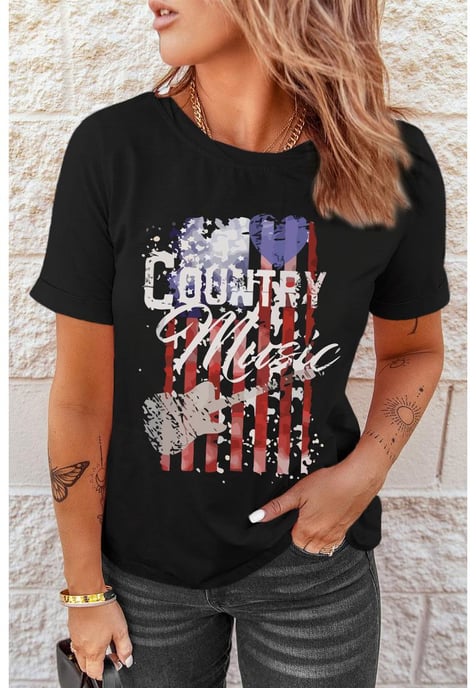 Damen-T-Shirt mit amerikanischem Flaggen-Print, kurzärmlig, in Schwarz - Image 2