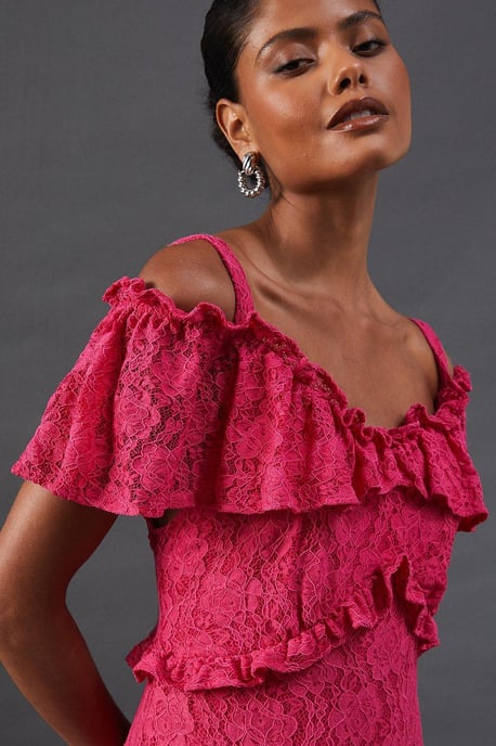 Corded Lace Ruffle Fallen Shoulder Midi Dress
