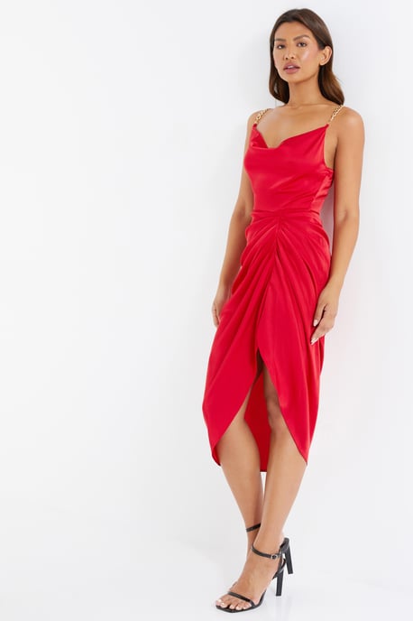 Red Satin Cowl Neck Dress
