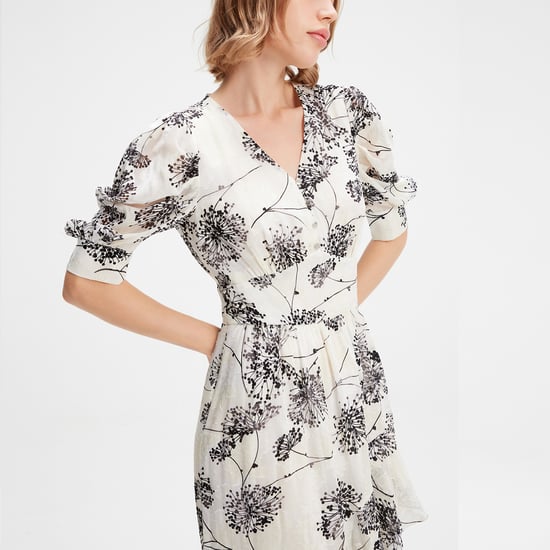 Linear Flower Print Plunging Hem Dress