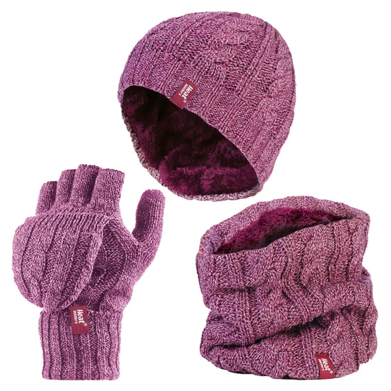 Heat Holders - Womens Thermal Winter Fleece Mütze, Halswärmer und Konverter Handschuhe Set - Rose - Image 1