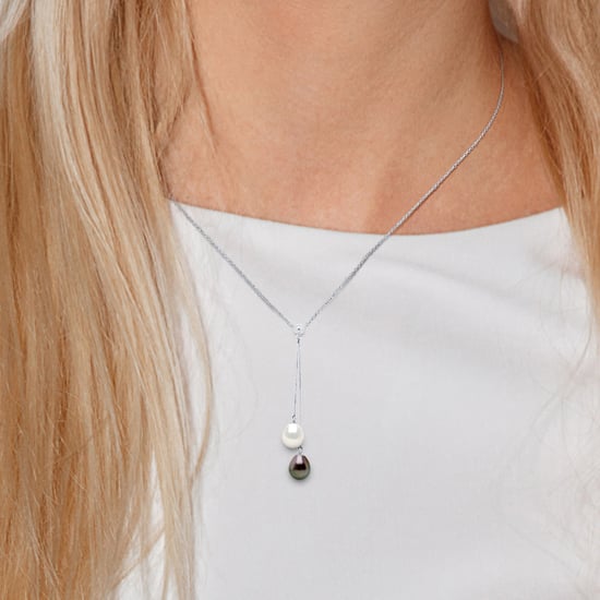 DIADEMA - Necklace - You & Me - 2 Real Freshwater Pearls and Tahitian Pealrs - White Gold