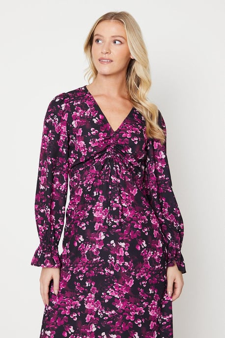 Pink Floral Ruched Front V Neck Midi Dress