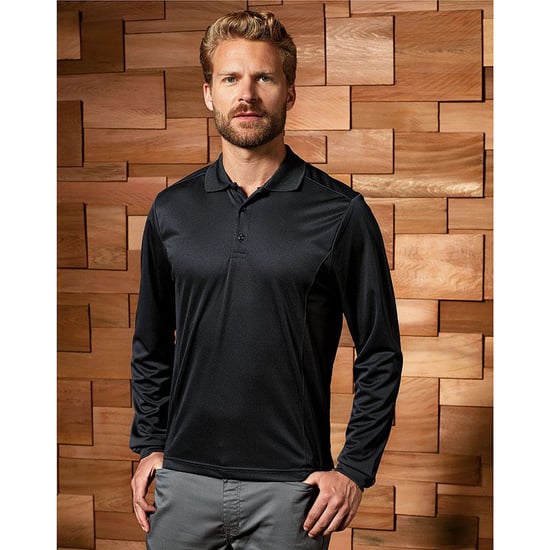 Premier Herren Coolchecker Pique Polo-Hemd, langärmlig (Schwarz) - Image 3