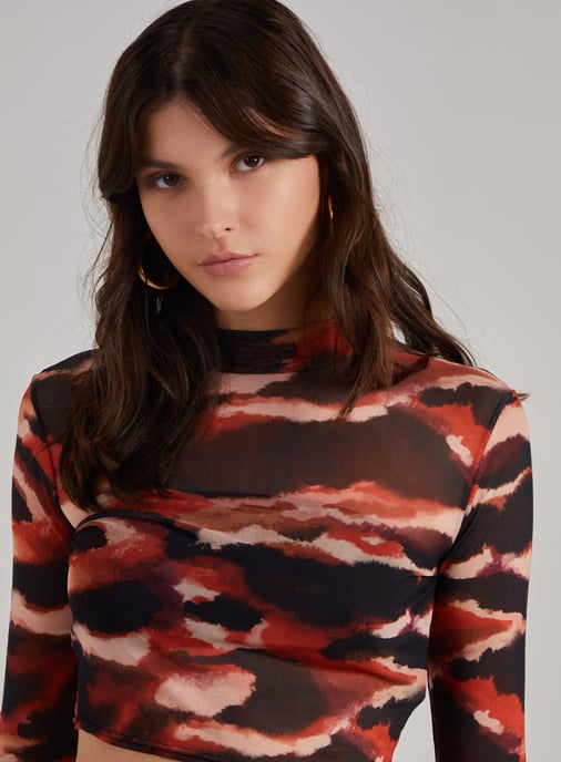Smudge Print Mesh Long Sleeve Top